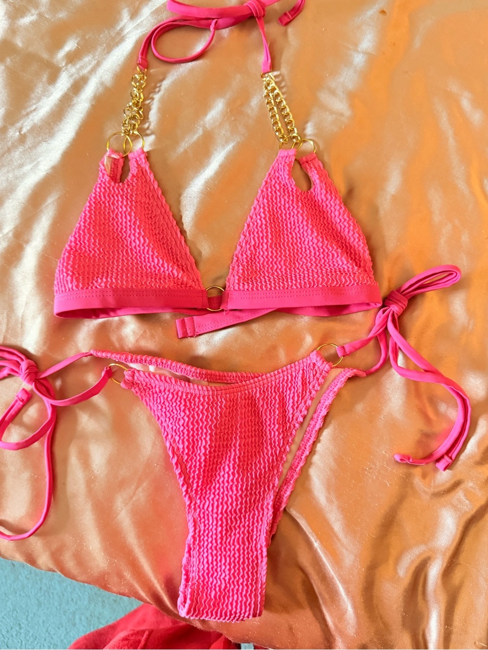 Hot Pink Textured Tie-Side Bikini with Gold Chain Accents